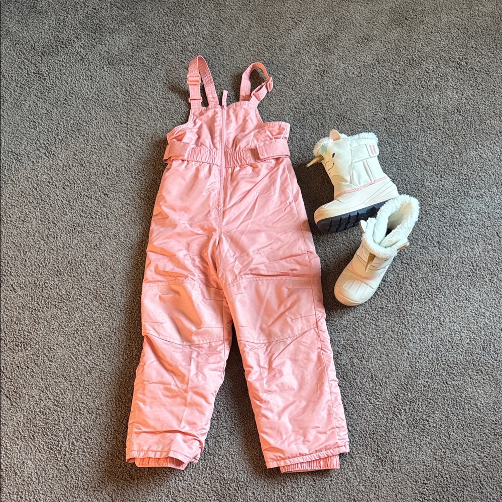 Bundle of Cat & Jack Kids Pink Snow Bib Overalls (5T) & Unicorn Snow Boots (11)